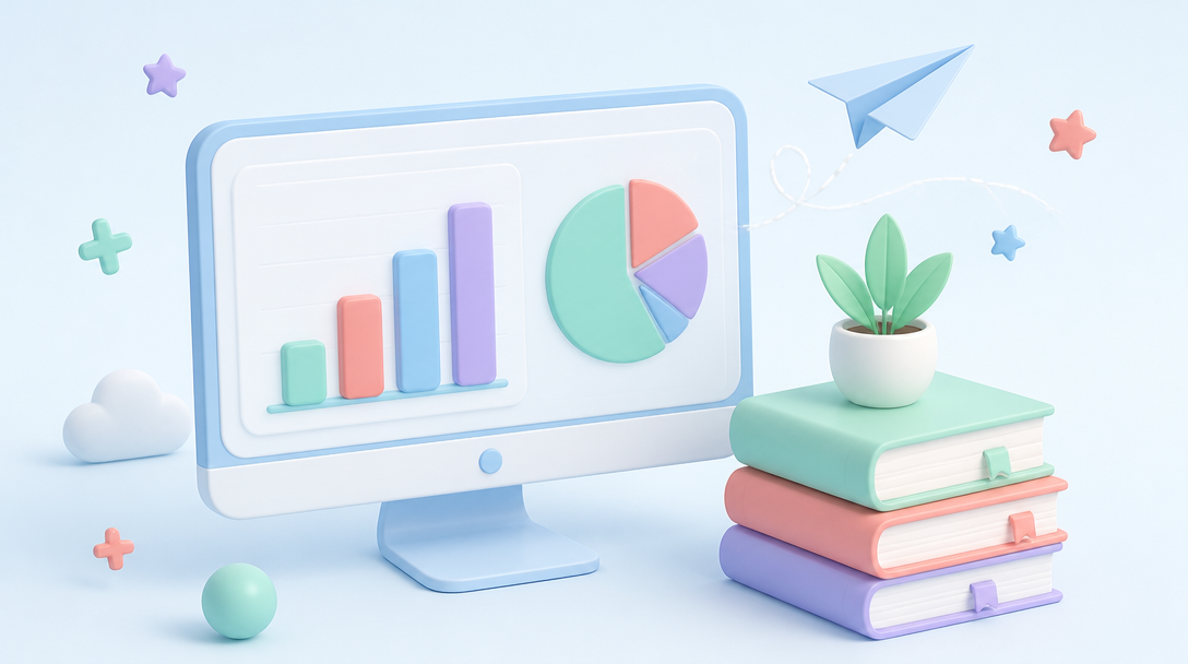Datora ekrāns ar progresa diagrammām, grāmatu kaudze un augiņš — visi priekšmeti vienā platformā